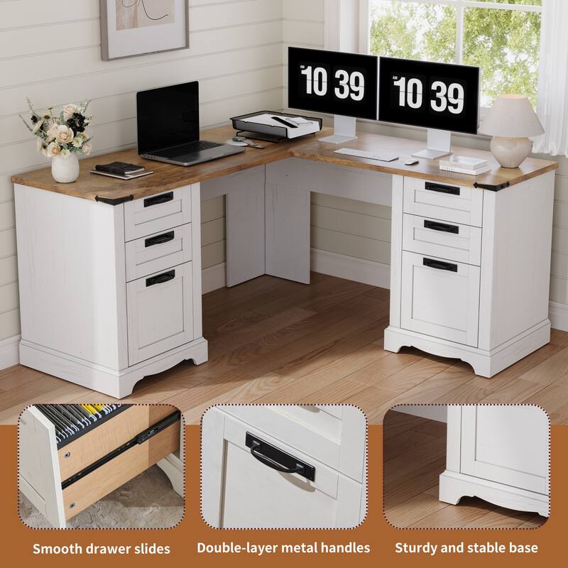 L Shaped Desk, Wood Office Desk with Charging Station, File Drawer