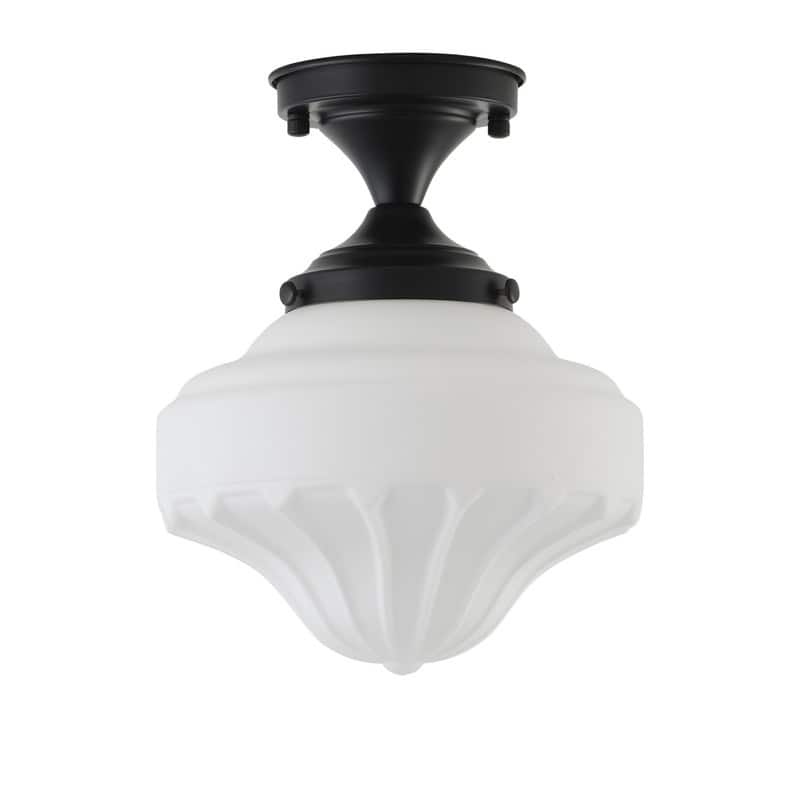 1-Light Matte Black Semi-Flush Mount Ceiling Light with Frosted White Glass Shade