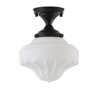 1-Light Matte Black Semi-Flush Mount Ceiling Light with Frosted White Glass Shade
