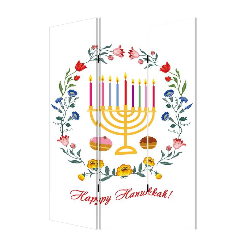 72 Inch 3 Panel Canvas Foldable Room Divider, Hanukkah Symbol, Multicolor - Multi