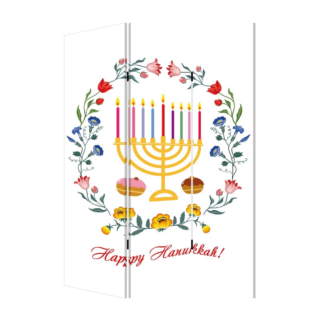 72 Inch 3 Panel Canvas Foldable Room Divider, Hanukkah Symbol, Multicolor