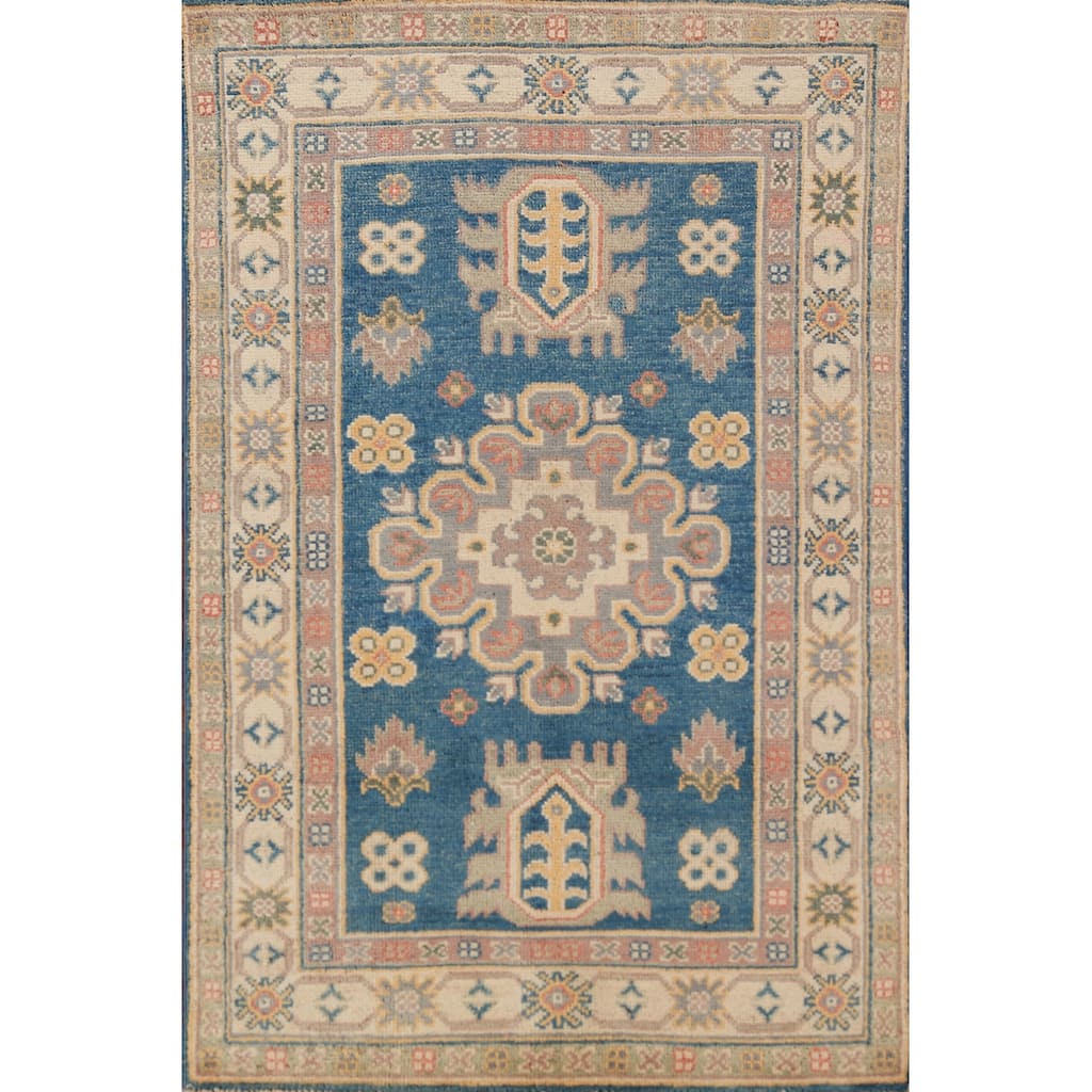 Blue Kazak Foyer Rug Handmade Traditional Geometric Wool Carpet - 2'7"x 3'11"