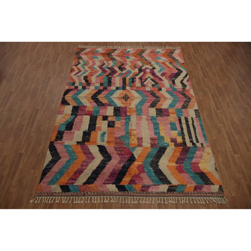 Hand Knotted Oriental 100% Wool Carpet Modern Geometric Multi-Colored Moroccan Area Rug - 12' 11'' X 8' 9''