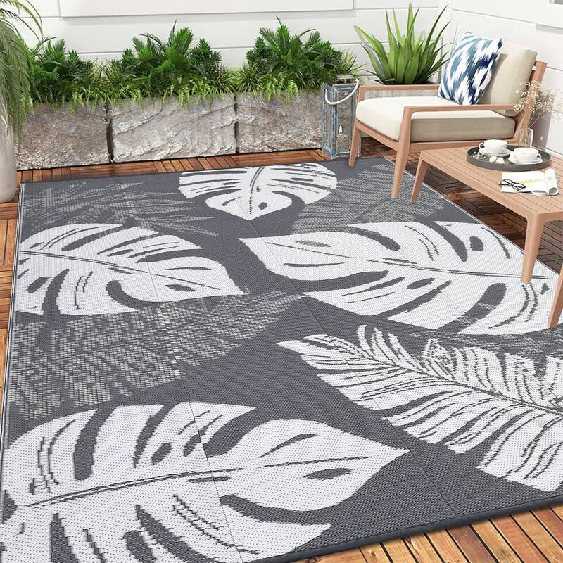 Outdoor Rug Waterproof Reversible Rug Modern Leaves Plastic Straw Area Rug - 9'x12' - Gray White