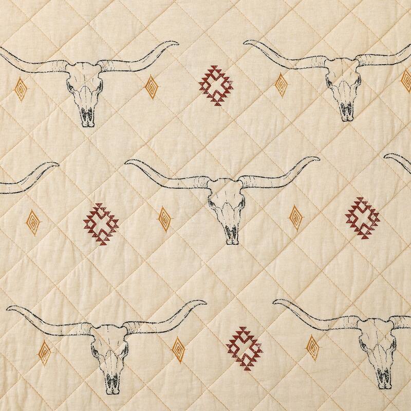 Paseo Road Maverick Longhorns Rustic Western Skull and Vintage Stripes Pattern 3 Piece Reversible Quilt with Pillow Shams