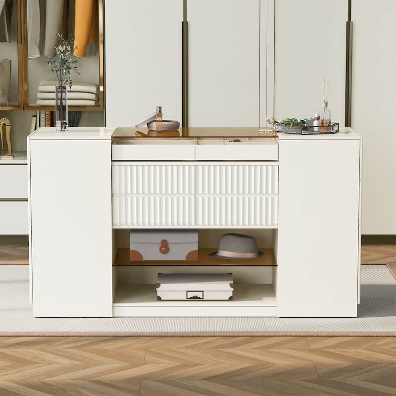 Modern 6-Drawers Dresser with Glass Tabletop and Open Shelves - White
