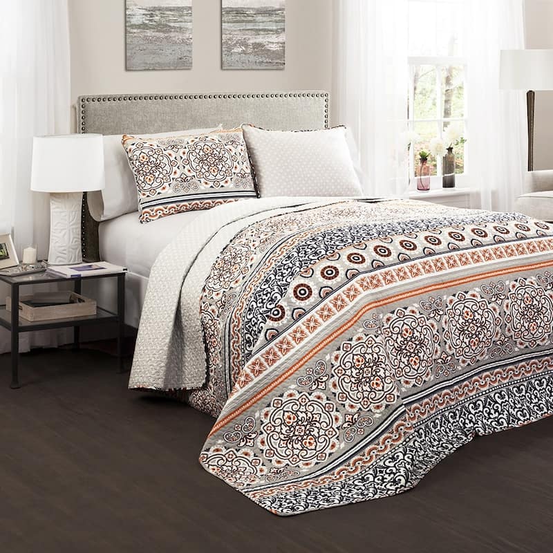 The Curated Nomad La Boheme Boho Stripe 3-piece Quilt Set - Coral - Full - Queen