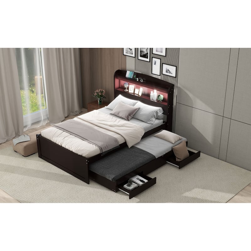 Twin XL Size Platform Bed with Drawers Storage LED Headboard and Charging Station