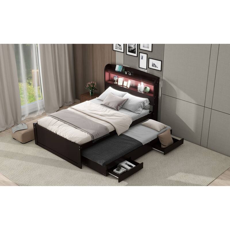 Twin XL Size Solid Wood Platform Bed with Storage LED Headboard, Charging Station & 2 Drawers, Pull-out Trundle Bed for Bedroom