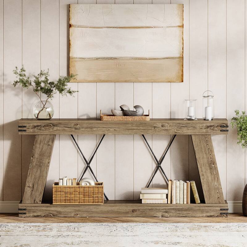 2-Tier Farmhouse Console Table, 70.9” Brown Entryway Table for Living Room - Large - Light Brown Oak