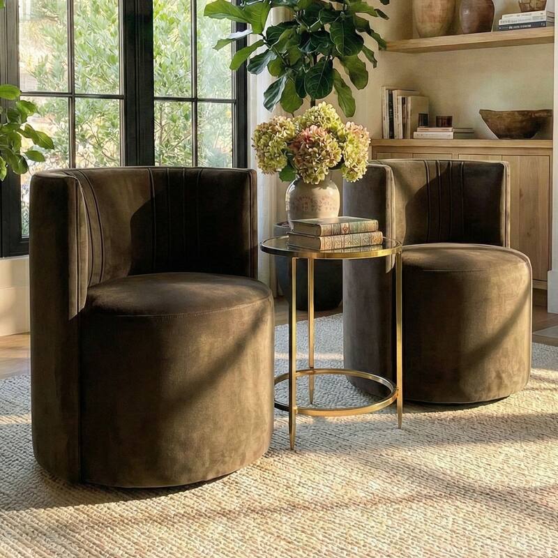 Velvet Swivel Rolling Accent Chairs with Casters - Mink imitation color-2-piece