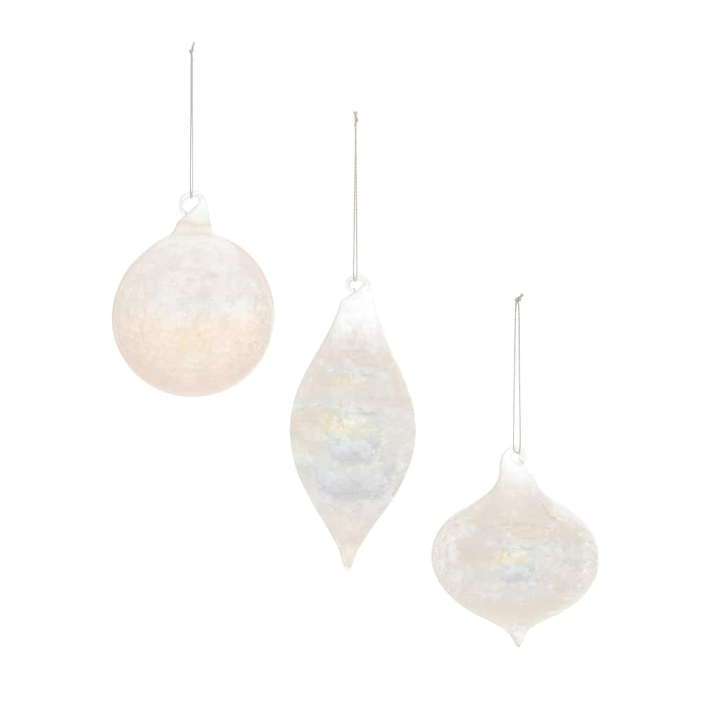 Grey Iridescent Glass Cloudy Ornaments Assorted Shapes Set of 6 Holiday Decor - 3” x 3” x 3.75” (L x W x H)