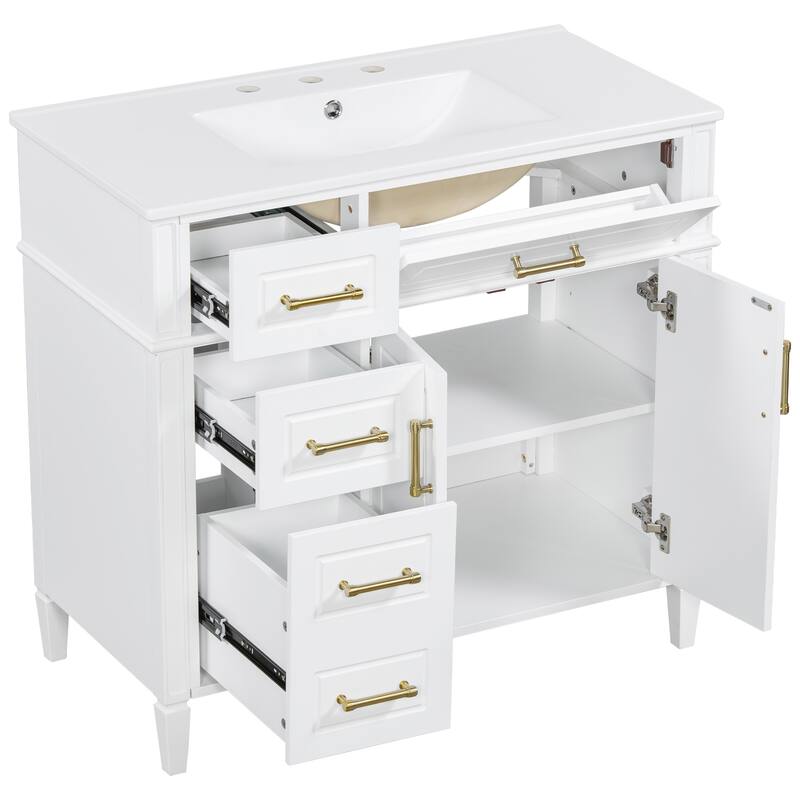 36 Inch Single Sink Bathroom Vanity Cabinet with 4 Drawers, Vanity Base & Ceramic Basin Set
