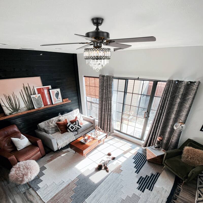 CurveCurio 52-inch Classic Ceiling Fan with Crystal Light Shade, 3 Light, Remote Control and Pull Chain Control for Living Room