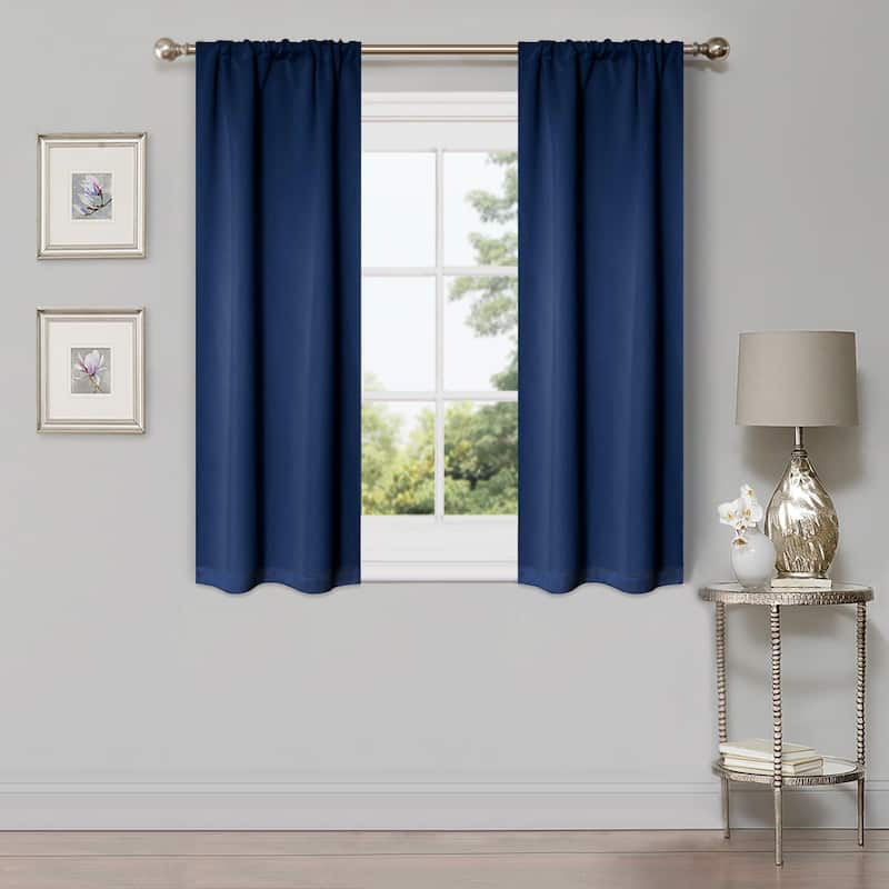 Modern Solid Room Darkening Blackout Curtains, Rod Pocket, Set of 2 - 2PC- 26" X 63" - Navy Blue