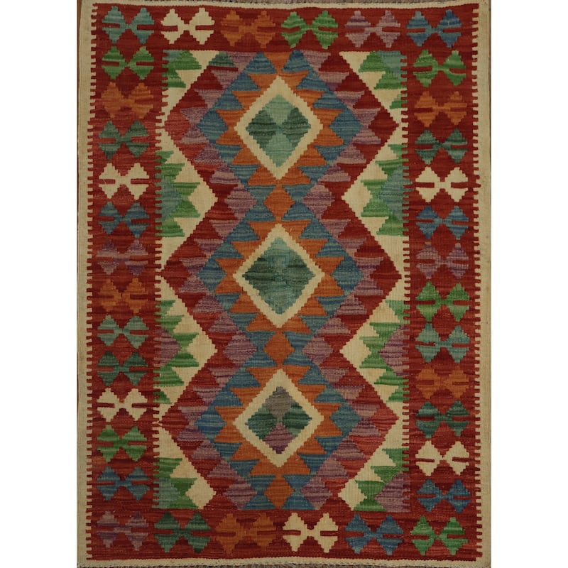 Hand Woven Oriental 100% Wool Carpet Southwestern Tribal Multi-Colored Kilim Area Rug - 4' 0'' X 2' 11''