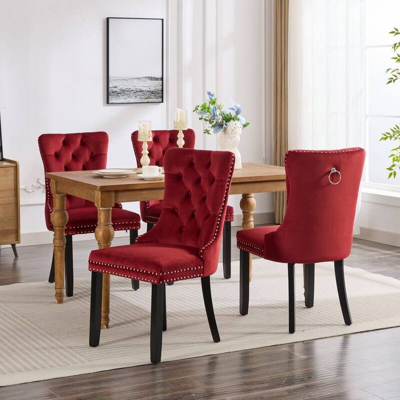 Set of 2 Tufted Dining Chair with Wood Legs, Riveted Trim