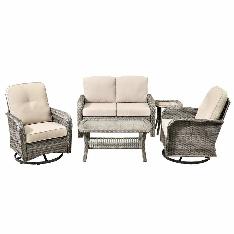 HOOOWOOO 5-piece Grey Wicker Furniture Chat Set Patio Conversation Set with Swivel Chair