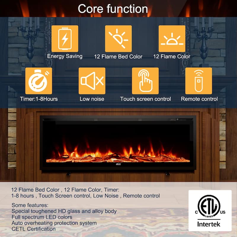 Clihome 50"-72" Recessed Wall-mounted Freestanding Electric Fireplace