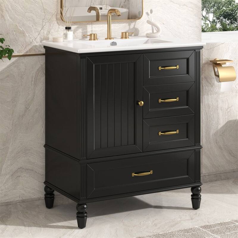 30" Bathroom Vanity with Ceramic Sink Top, Modern Bathroom Storage Cabinet with 1 Door, 3 Drawers and Solid Wood Legs