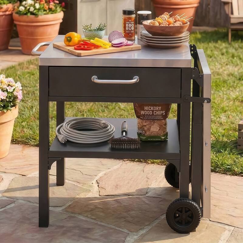 Portable Foldable Outdoor Kitchen Prep Station, BBQ Grill Cart with Expandable Top and Storage for Patio