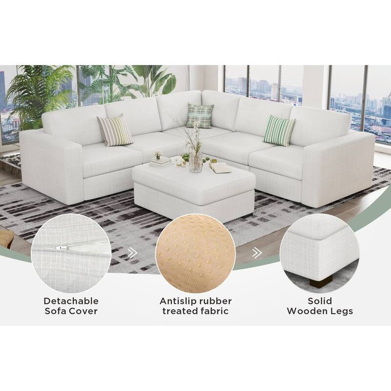 127" Modular U-shaped Linen Sectional Sofa with Movable Otoman