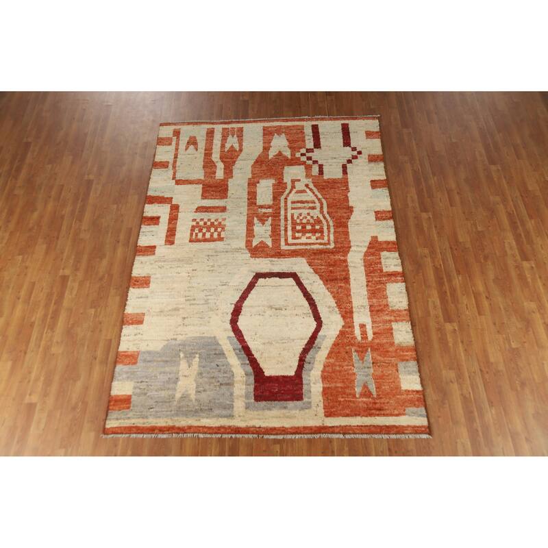 Moroccan Oriental Area Rug Hand-Knotted Beige Tribal Wool Carpet - 6'10" x 9'8"
