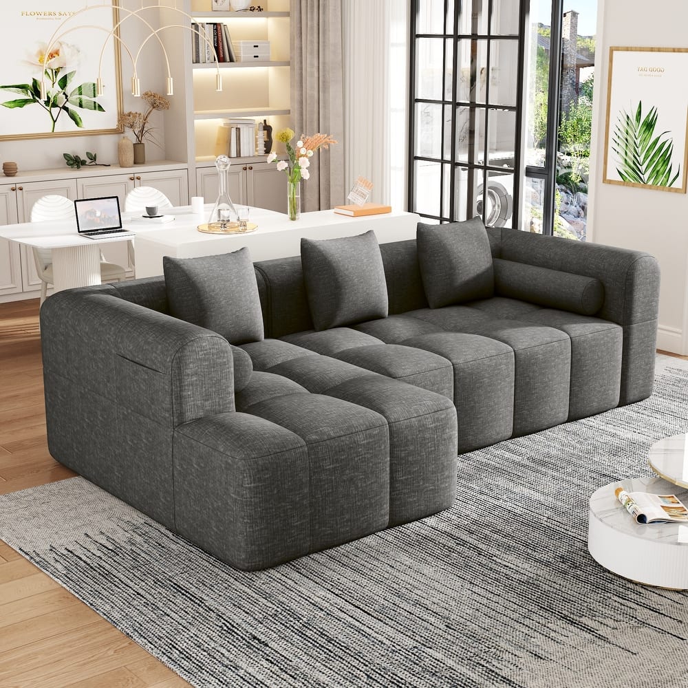 101.2" Chenille Sectional Sofa Full Compressed Sofa Modular Sofa Couch with 2 Side Pockets, Free Combined Sofa