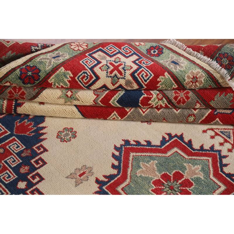 Hand Knotted Oriental 100% Wool Carpet Traditional Geometric Beige & Ivories Kazak Area Rug - 9' 9'' X 6' 8''