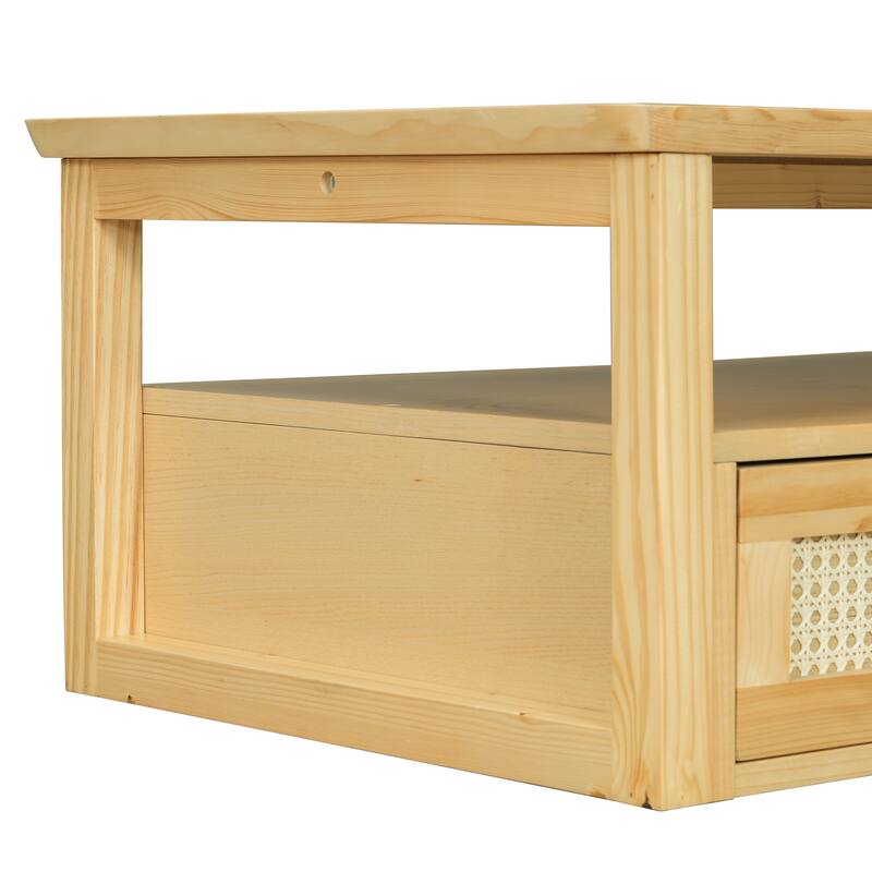 Modern Coffee Table with 2 Tabletops, 1 Rattan Drawer & Storage Shelf for Living Room - 38.5" D x 23.5" W x 15.7" H
