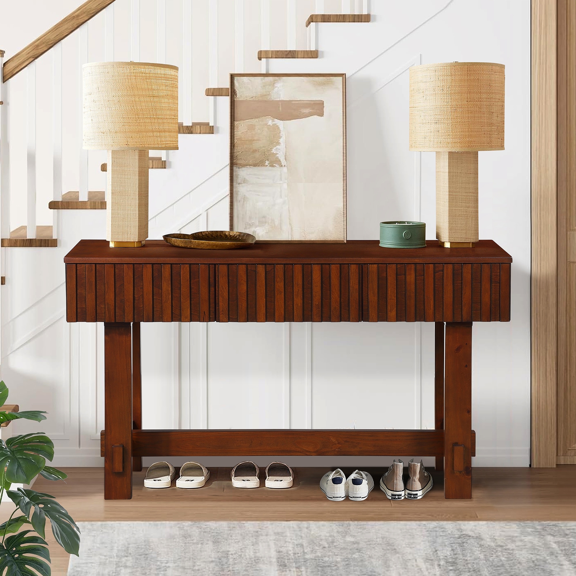 Console Table with Fluted Drawers, Entryway Table with Storage, Hallway Entryway Table Sofa Table with Wood Legs