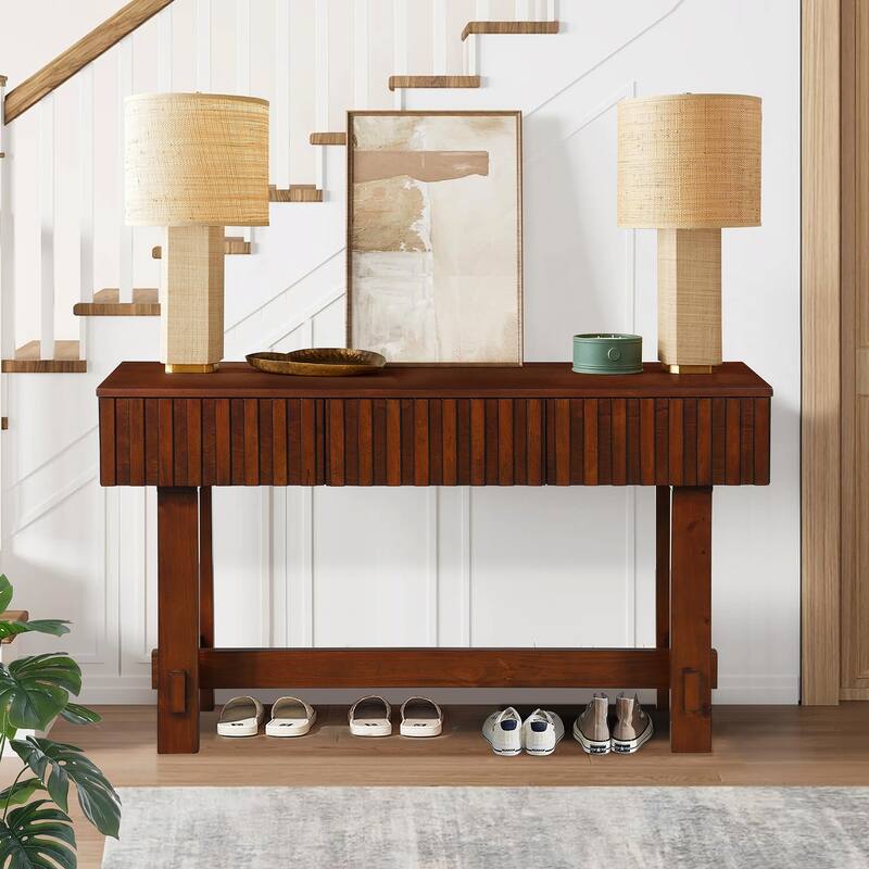 Console Table with Fluted Drawers, Entryway Table with Storage, Hallway Entryway Table Sofa Table with Wood Legs - Cherry