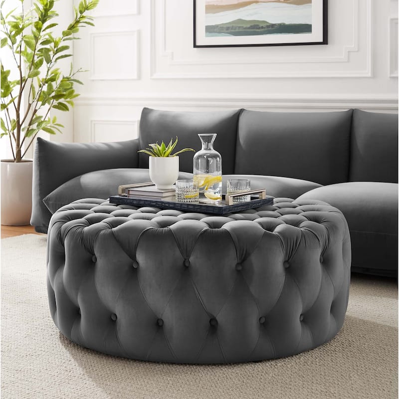 Amour Tufted Button Large Round Performance Velvet Ottoman - Gray