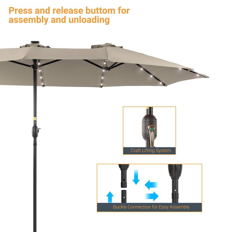 Livoosun 15×9FT LED Double-sided Patio Umbrella with BASE UPF50+ and Handle, and Wind-Resistant Design