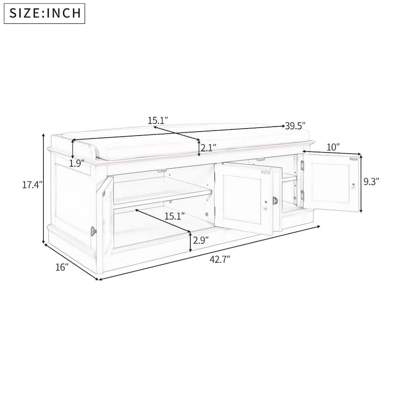 Storage Bench with 4 Doors and Adjustable Shelves, Shoe Bench with Removable Cushion