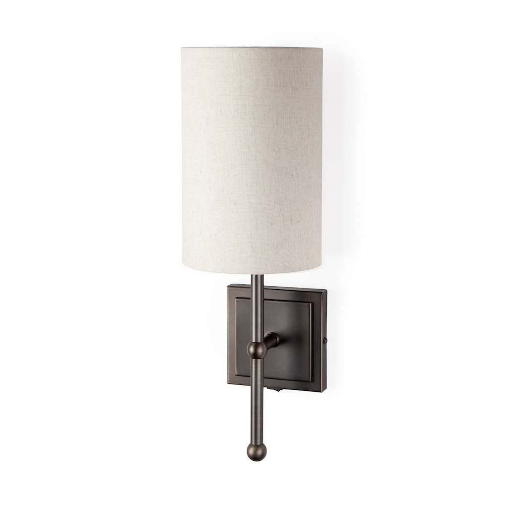 Bourgeois II 6W x 16H x 9D White Fabric Shade Brown Metal Base Wall Sconce - 9.0L x 6.0W x 16.0H