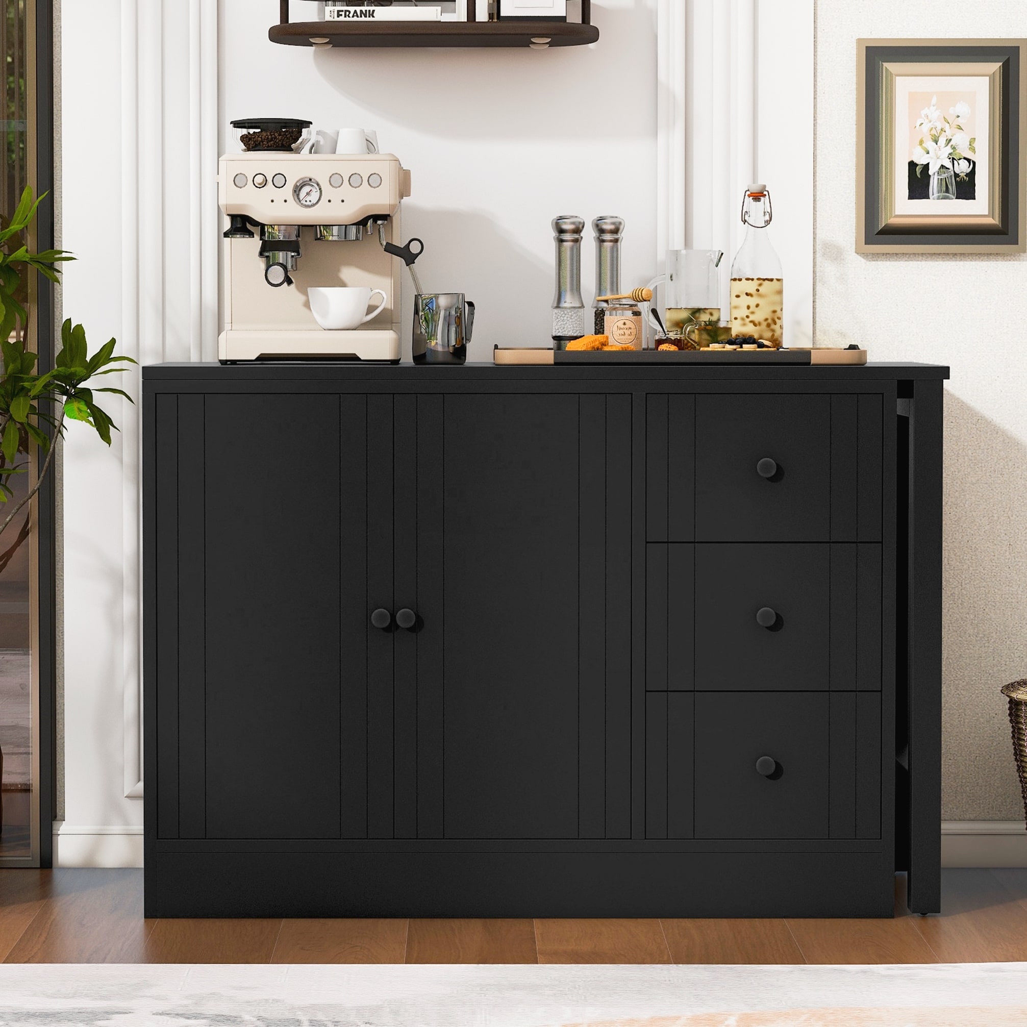 Wooden Sideboard with Extendable Table,Multifunctional Storage Cabinet with 2 Doors and 3 Drawers