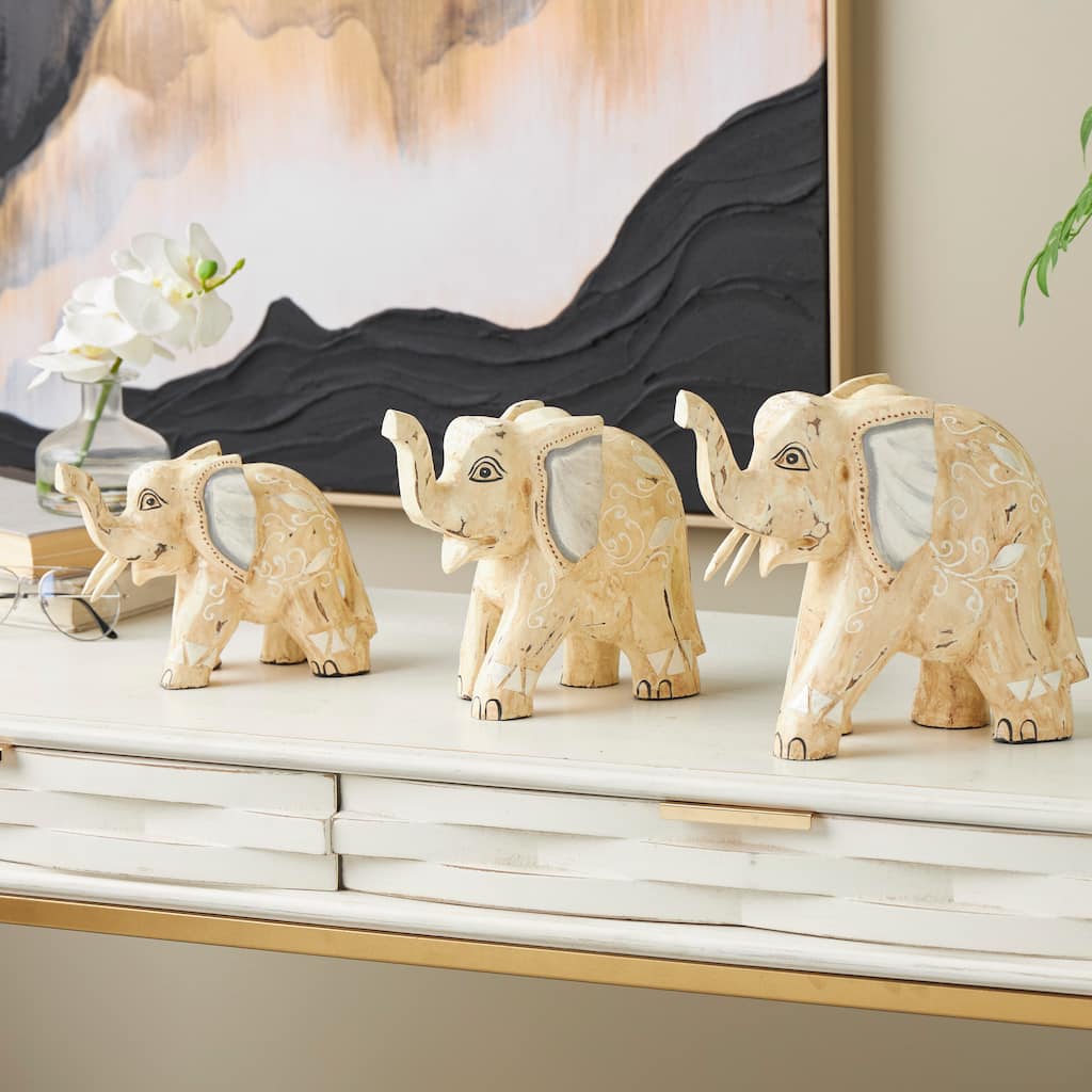 Light Brown Wood Handmade Elephant Decorative Sculpture with Scroll and Floral Patterns (Set of 3)