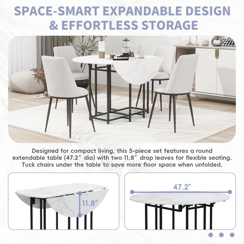 5-Piece Extendable Kitchen Dining Table Set, Round Faux Marble Top with Golden Frame and 4 Upholstered Chairs