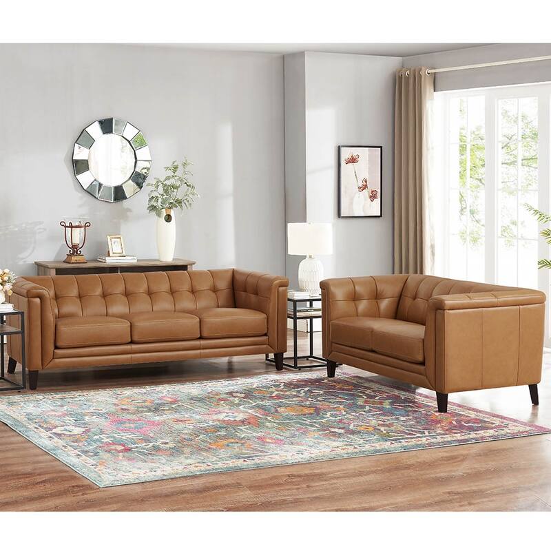 Hydeline Arvo Top Grain Leather Sofa and Loveseat Set with Feather, Memory Foam and Springs - Cognac Brown
