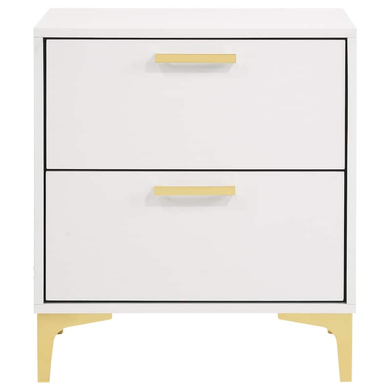 White Modern Glam 2-Drawer Nightstand with Slim Gold Pulls and Retro Bracket Legs, Boxy Contemporary Frame