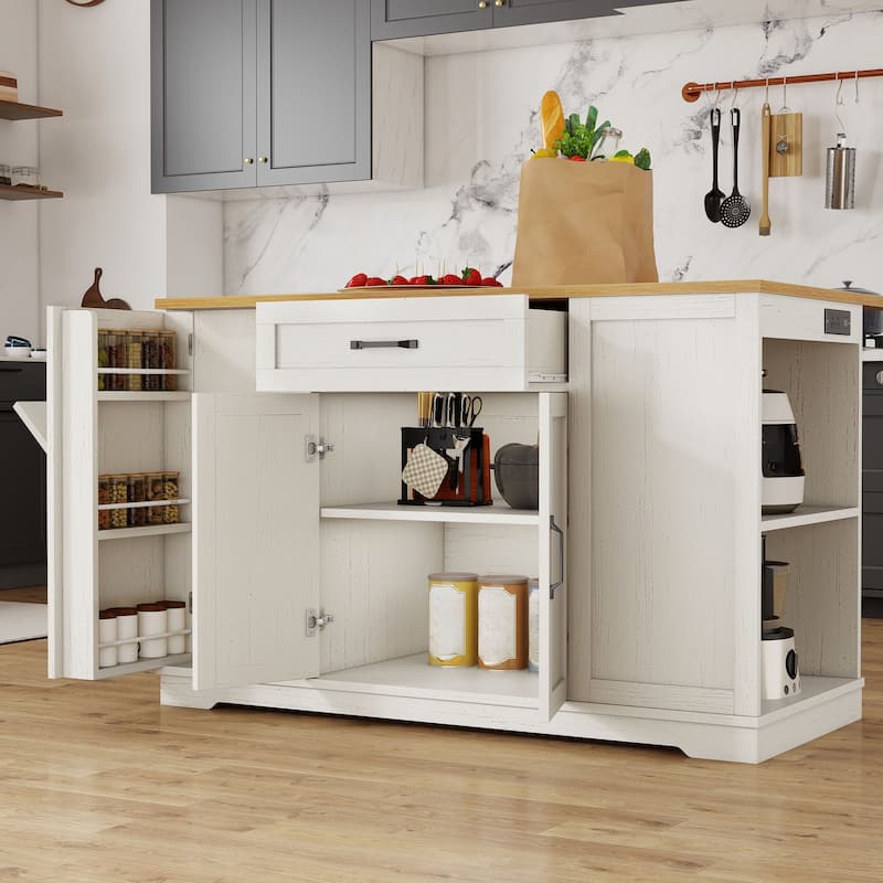 Moasis 50" Kitchen Island with Power Outlet & Drop Leaf,Rolling Island Cart with Trash Can Cabinet - White