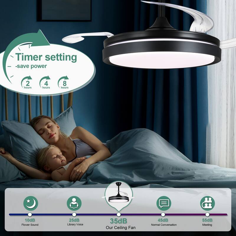 Cusp Barn 42 Inch Retractable Ceiling Fan with Lights, Modern Silent DC Motor 6 Speeds Chandelier Ceiling Fan for Bedroom