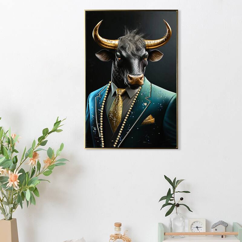 Executive Blue Buffalo Canvas Wall Art - Dapper Animal Portrait in Tailored Sui