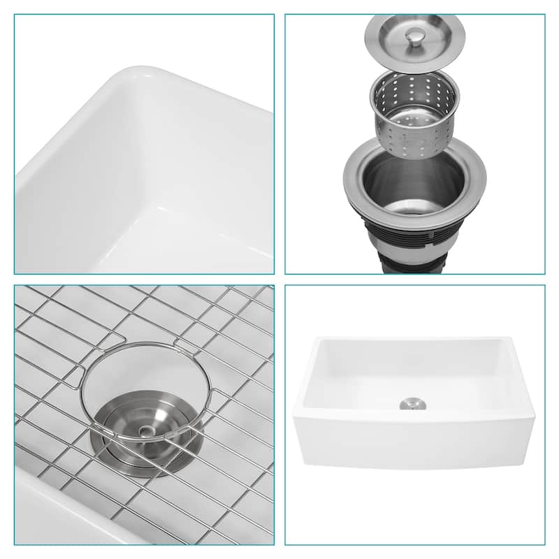 30'' Farmhouse Single Bowl Ceramic Kitchen Sink in White - 30'' x 21'' x 10''