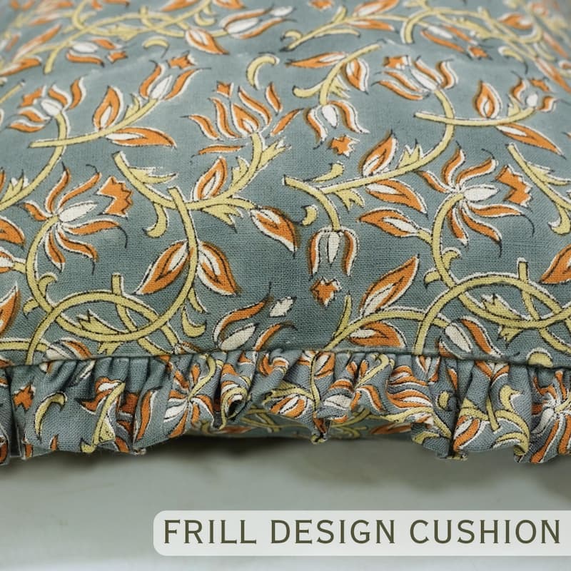 Fabdivine Handmade Block Print Floral Frill Both Side Soft Boho Pure Linen Pillow Cover