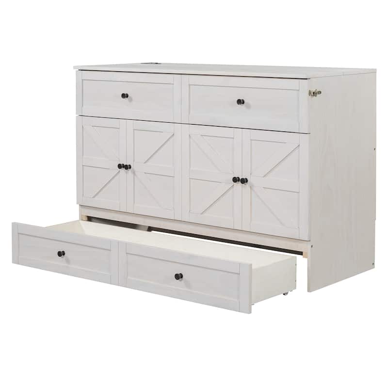 Queen Size Solid Wood Murphy Bed with Storage Drawers, USB Ports, and Space-Saving Design