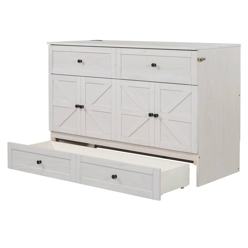 Space-Saving Queen Murphy Bed with USB Ports, Power Outlets & Ample Storage Drawers - Classic Cabinet Style