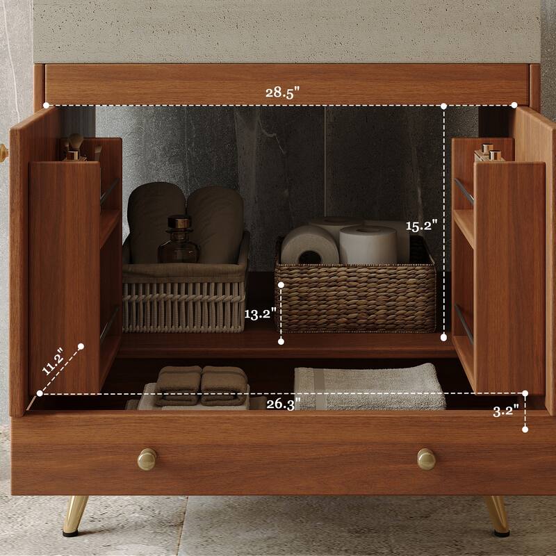 Mid-Century 30" Freestanding Bathroom Vanity with Faux Marble Top, Ceramic Sink & Gold Legs Cabinet