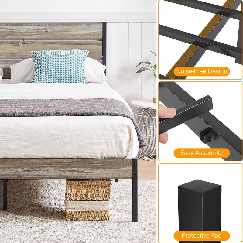 VECELO Industrial Wood Bed Frame with Headboard Twin Size Beds/Full Size Beds/Queen Size Beds